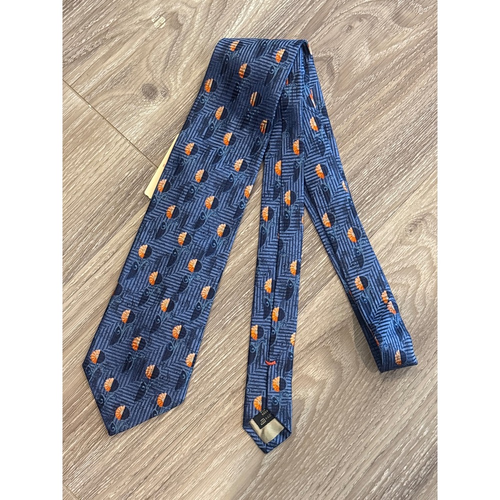 Ermenegildo Zegna Blue Orange Floral Chevron Silk Tie 103ZHR51-1UL-E NWT Italy